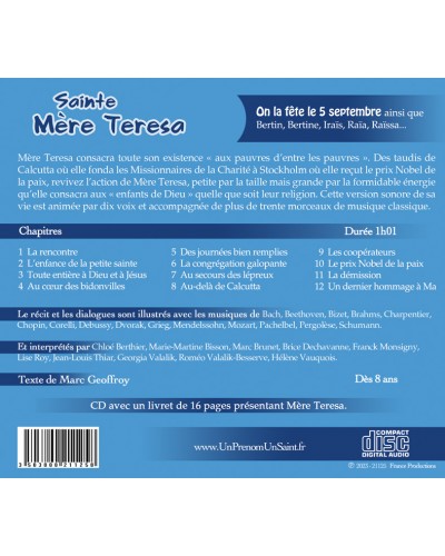 CD Sainte Mère Teresa, le dos du digipack
